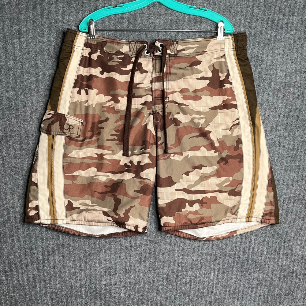 OP Ocean Pacific Mens Camo Board Shorts Brown Camouflage Swim Trunks Large